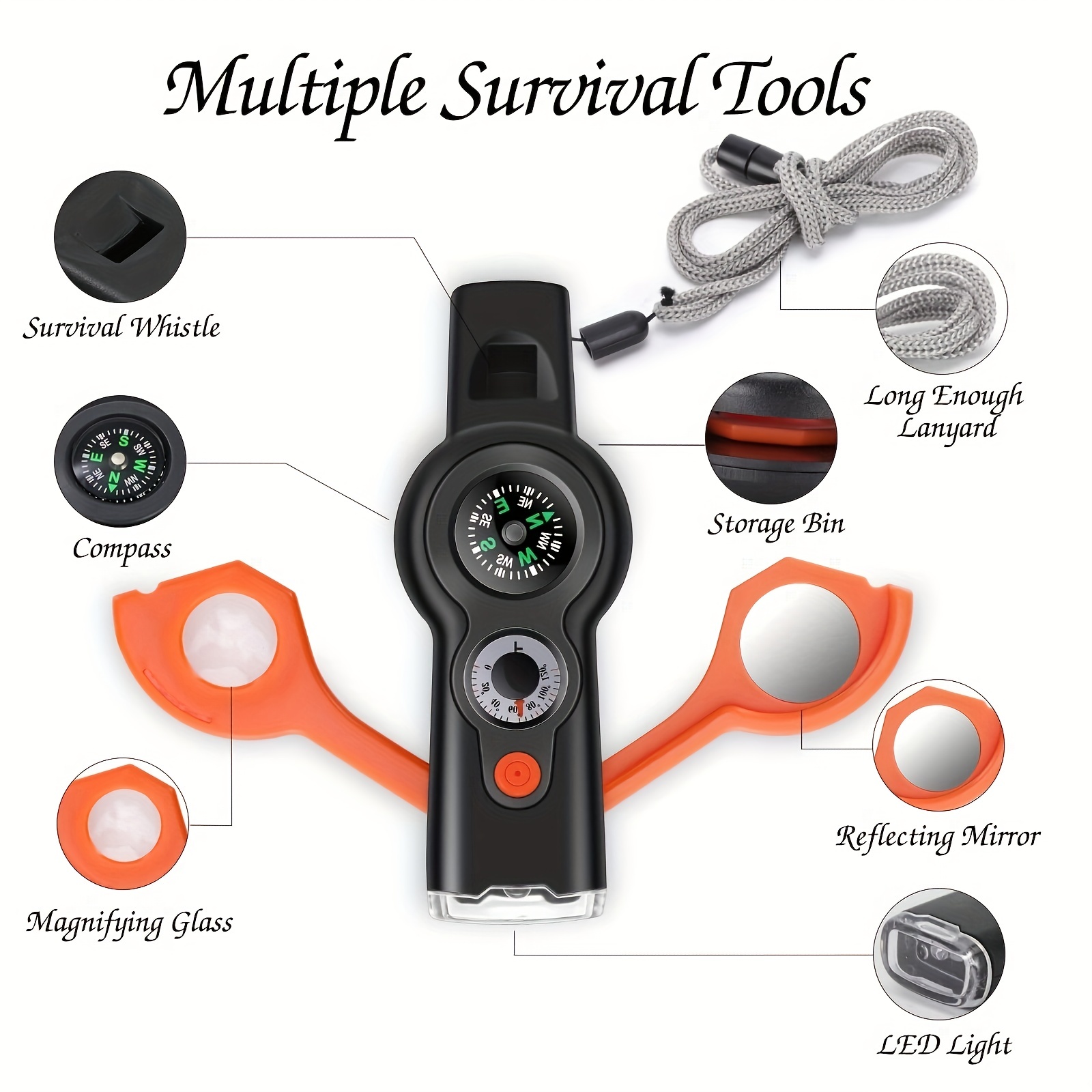 1pc 7 In 1 Multi-functional Outdoor Camping Whistle With Compass