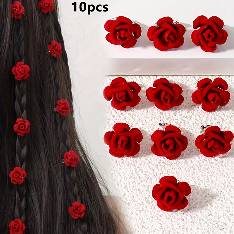 

10 Pcs Red Velvet Rose Hair Clips For Braids - Suitable For Teens And Adults