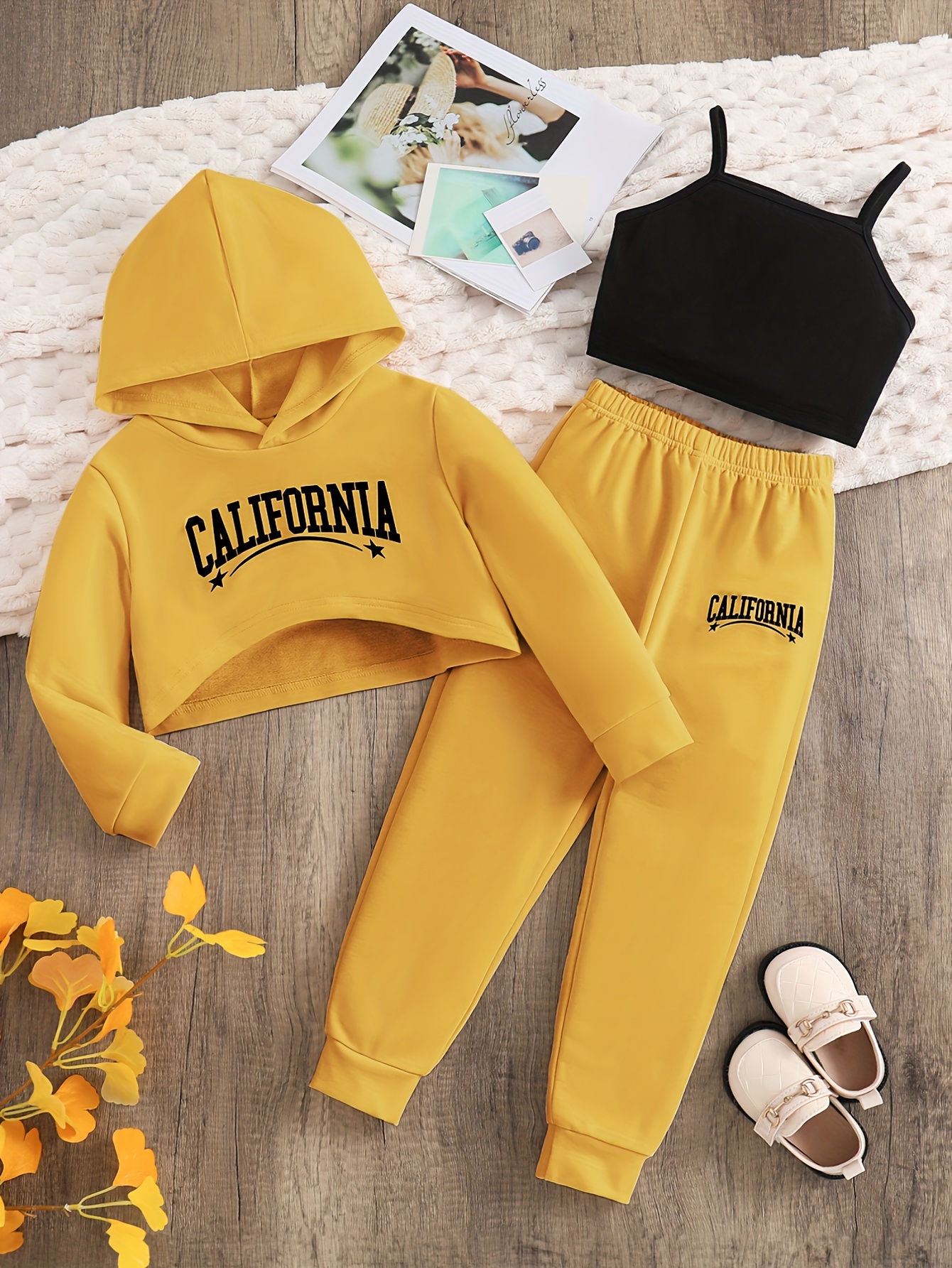 Toddler Girl's Trendy Outfit Crop Hoodie Cami Top Jogger - Temu Canada
