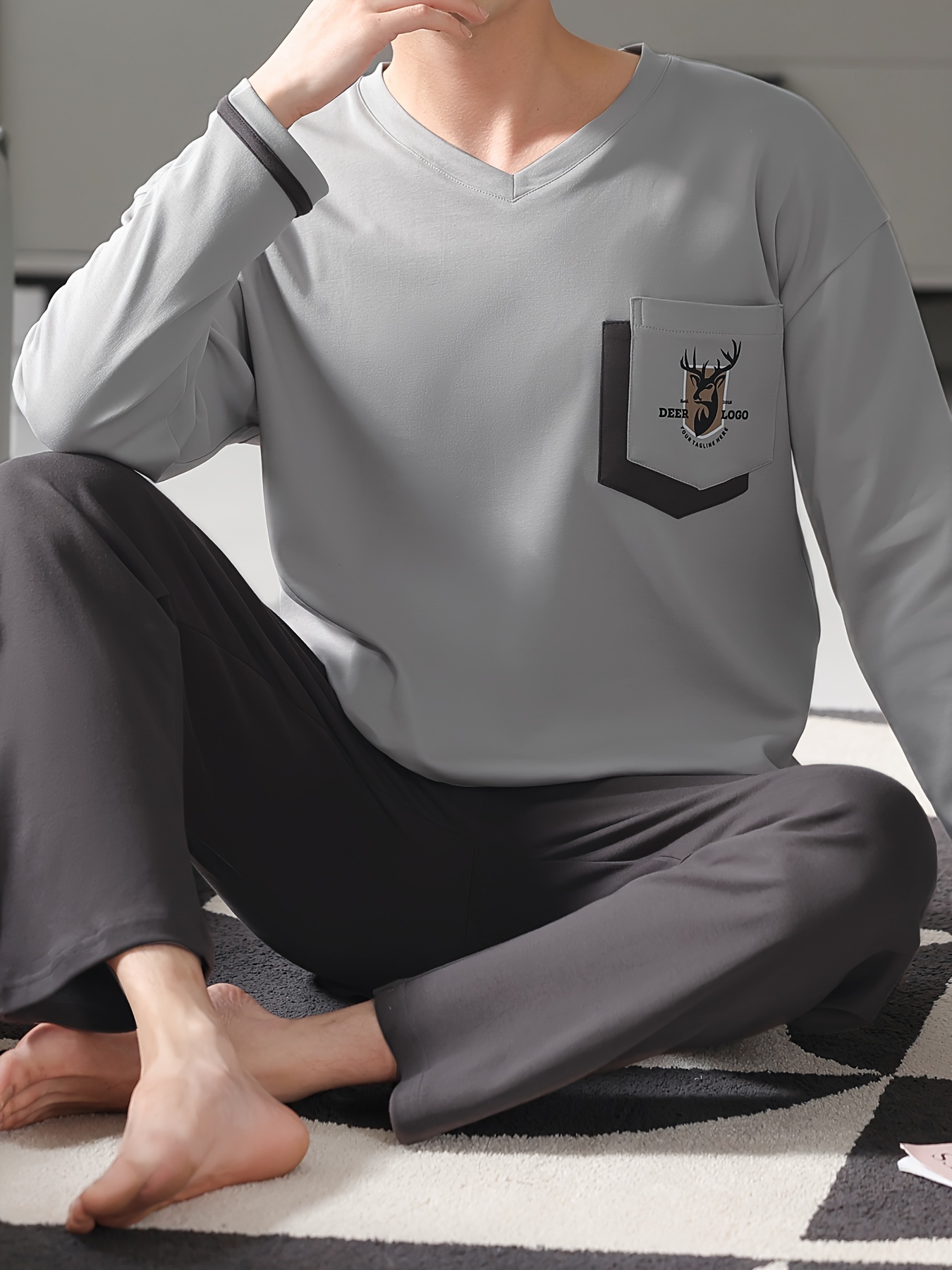 Men's Pure Cotton Long Sleeve Pajamas Spring/Autumn Thin Style Youth Home Wear Set Loose Fit for Autumn/Winter