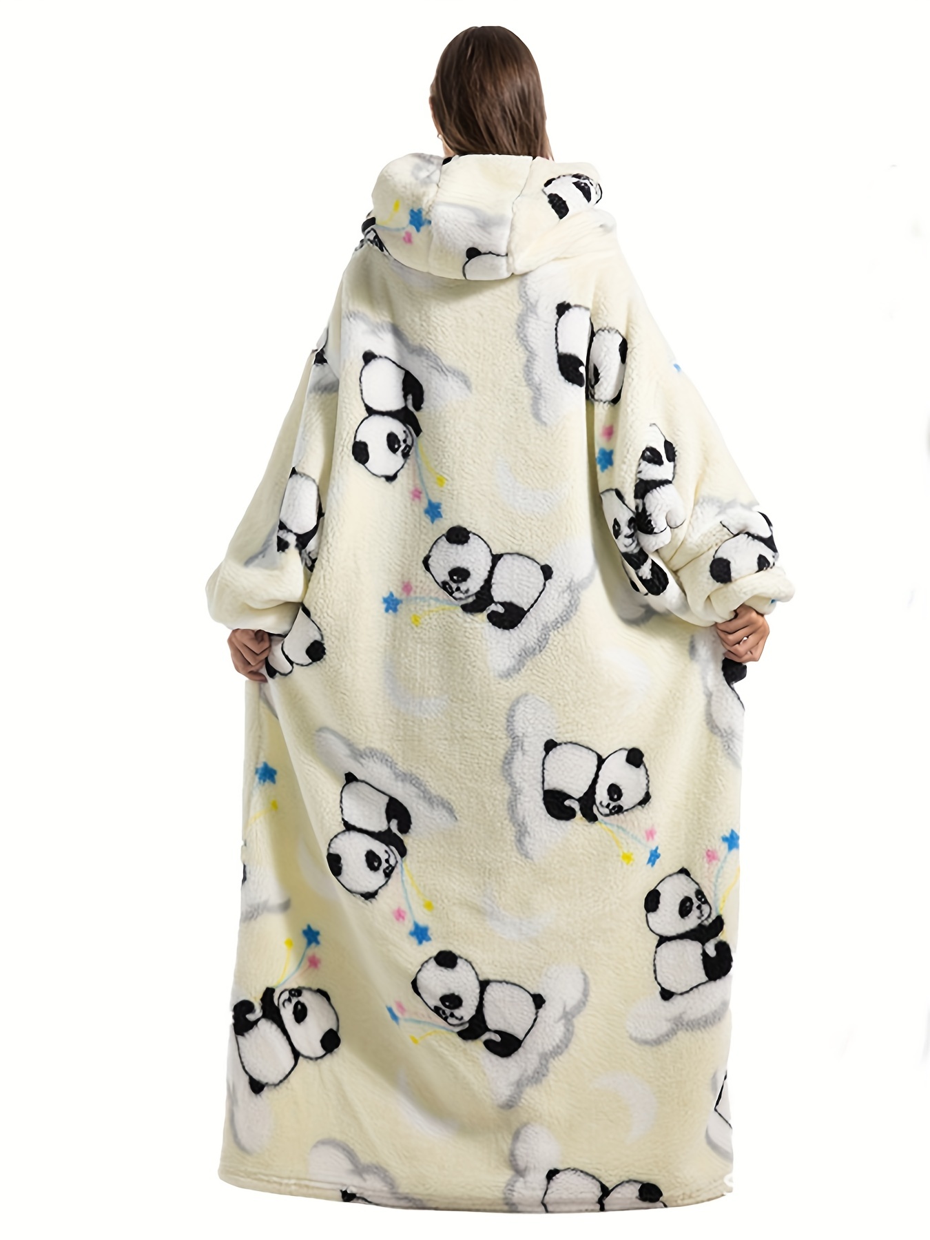 Panda Pattern Flannel Fleece Oversized Sherpa Hooded Wearable Blanket