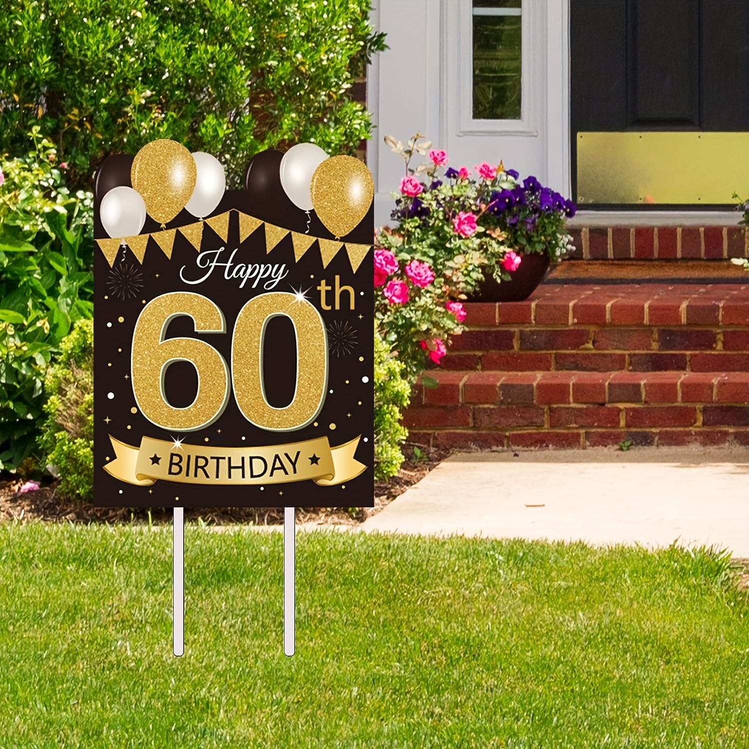 60th Wedding Anniversary Decorations, Black Gold Happy 60th Anniversary Yard Banner and 18pcs 60th Happy Anniversary Balloons for 60th Wedding