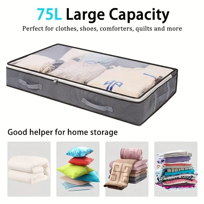 1pc under bed storage bags with clear window large capacity underbed storage containers with reinforced handles clothes storage bins foldable closet organizers for blanket clothing pillows comforters and quilts details 2