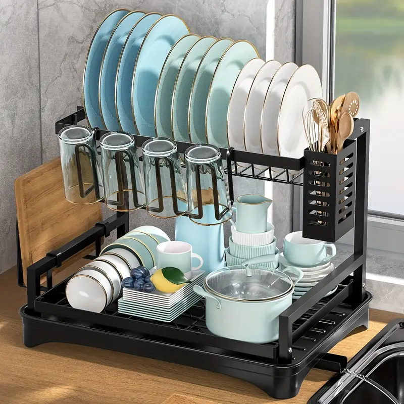 1pc Dish Drying Rack, 2-Tier Dish Racks For Kitchen Counter, Large Dish  Drying Rack With Drainboard & Utensil Holders, Rust-Proof Dish Drainers,  Kitch