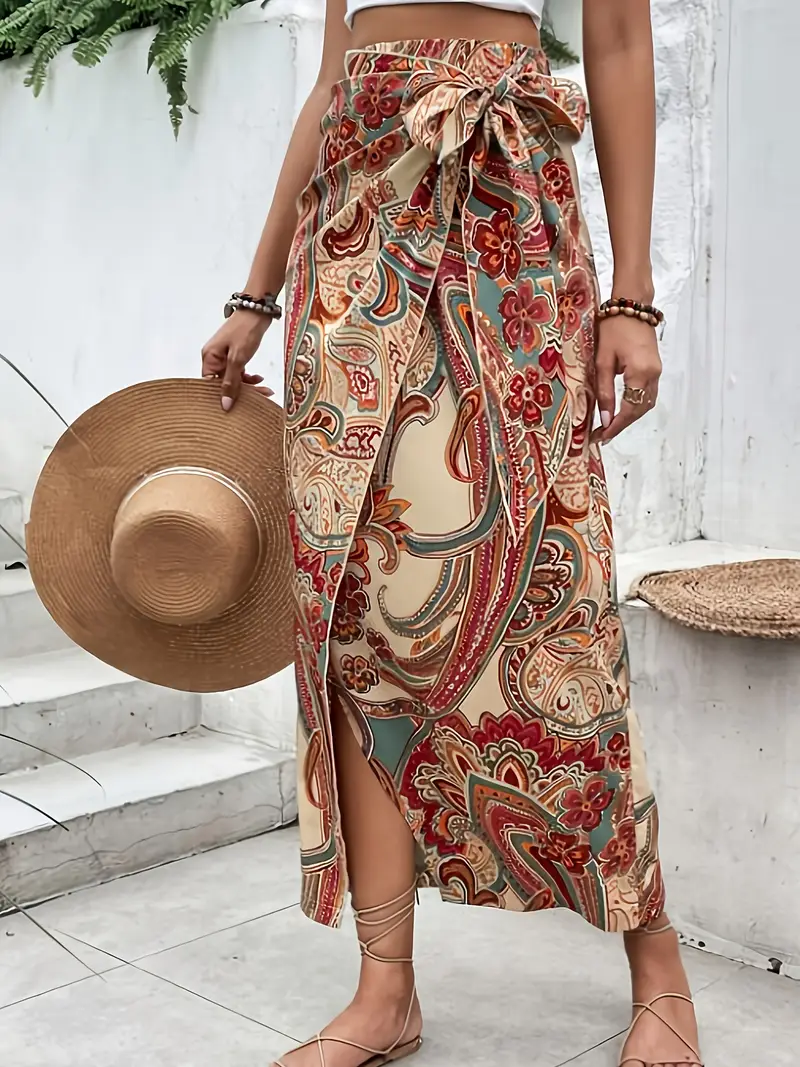 paisley print wrap tie skirt vintage slim high waist skirt for womens clothing details 1