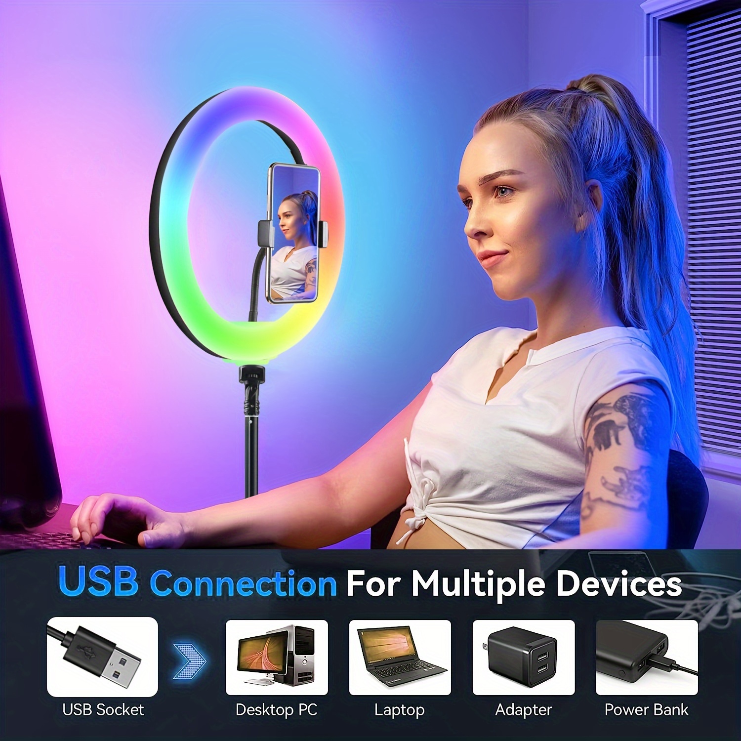 Rgb Ring Light Stand Tall Phone Holder 38 Color Modes Selfie - Temu