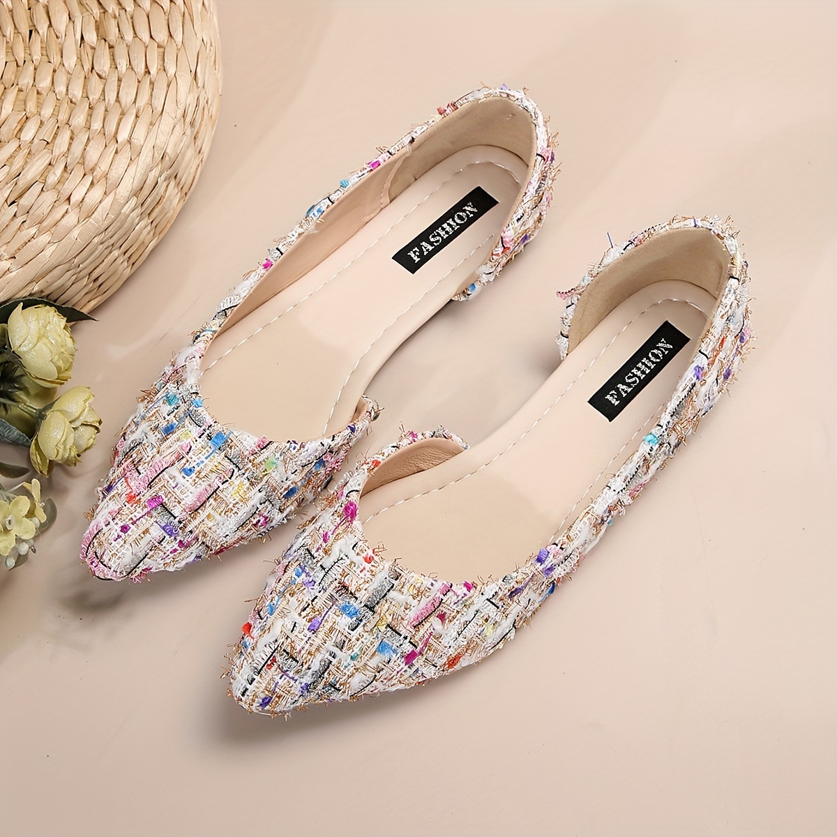 TEMU Women's Elegant Slip-on Pointed Toe Flats - Lightweight Comfortable Colorful Fabric Upper With Synthetic Cover Lining & Rubber Sole, Spring Casual To Semi-formal Shoes