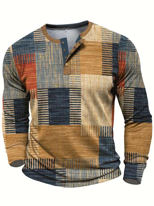 Vintage Kleurblok Willekeurige Print Heren Casual Lange Mouw Ronde Hals Henley Shirt, Lente Herfst, Cadeau Voor Mannen