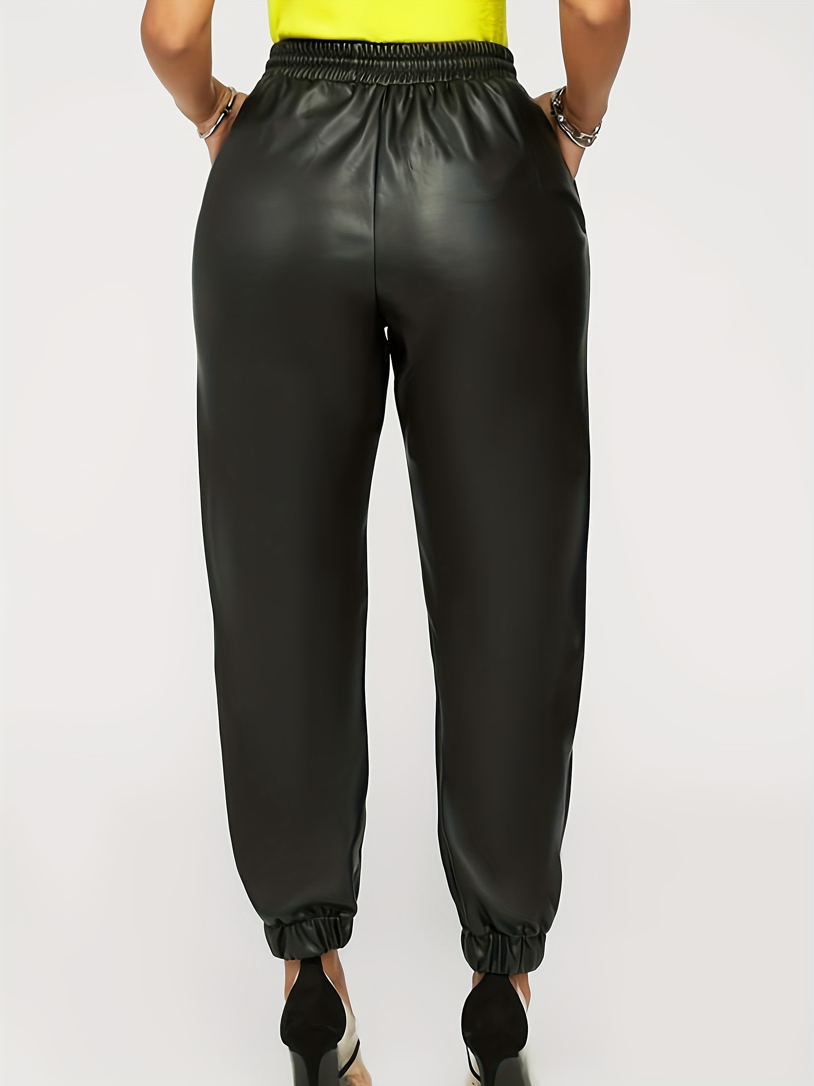 Plus Size Casual Pants, Women's Plus Solid Faux Leather Elastic Drawstring  Tapered Leg Trousers With Pockets