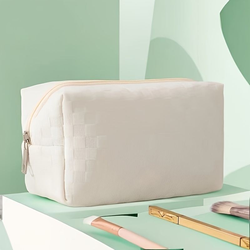 White Small Plaid Makeup Bag Soft Zipper Closure Travel - Temu