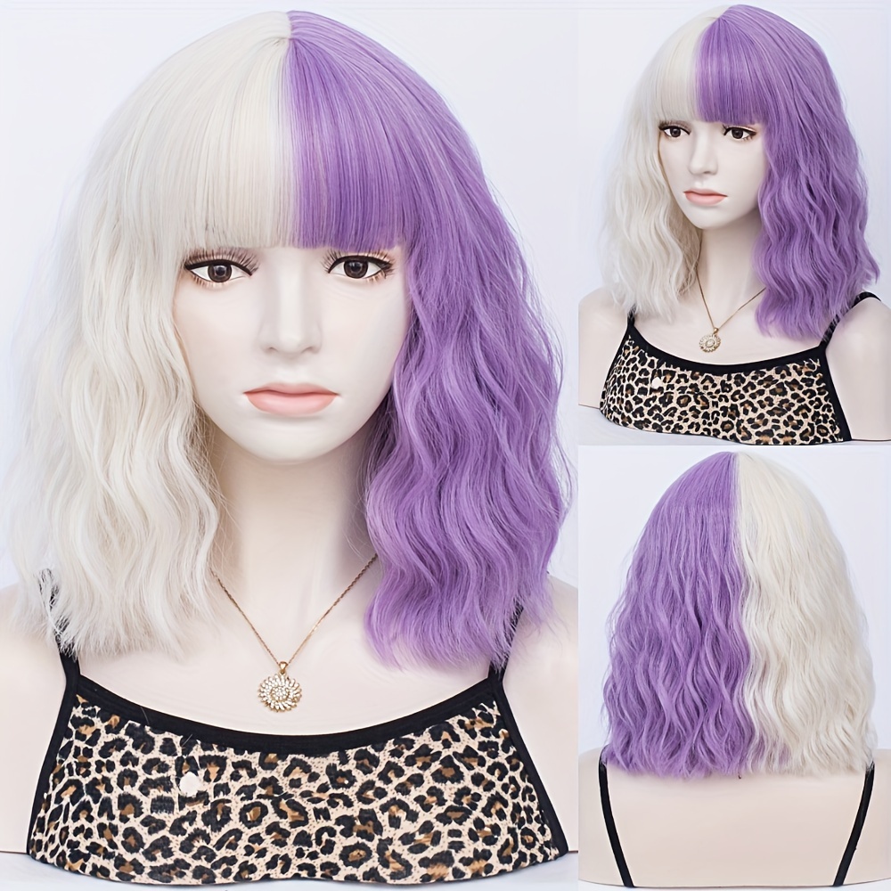Two Tone Short Curly Wig with Bangs - Shoulder Length Synthetic Split Wig