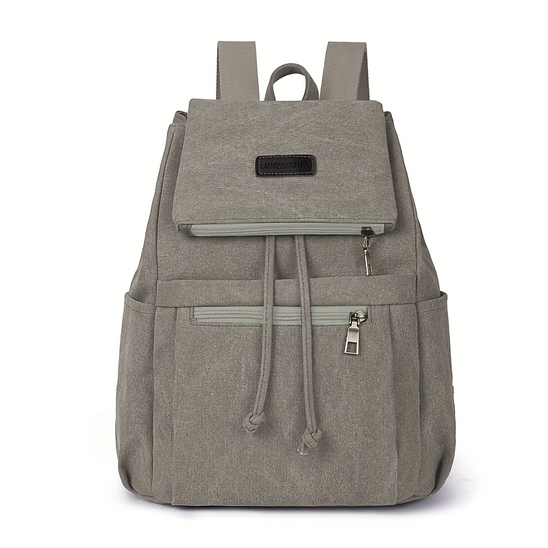 Vintage Canvas Pocket Flap Backpack Lightweight Drawstring Schoolbag