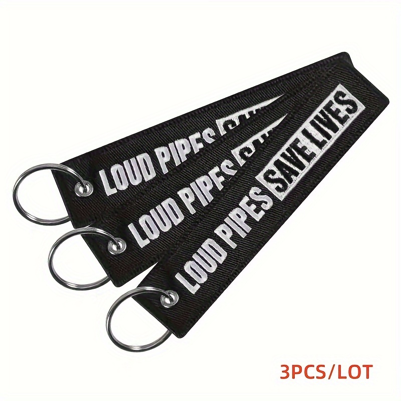 Image of 3-pack Remove Before Flight Polyester Keychains, Universal Fit, Embroidered "loud Pipes Lives" Car Tag Fobs, Fashion Motorcycle Keyring Gifts