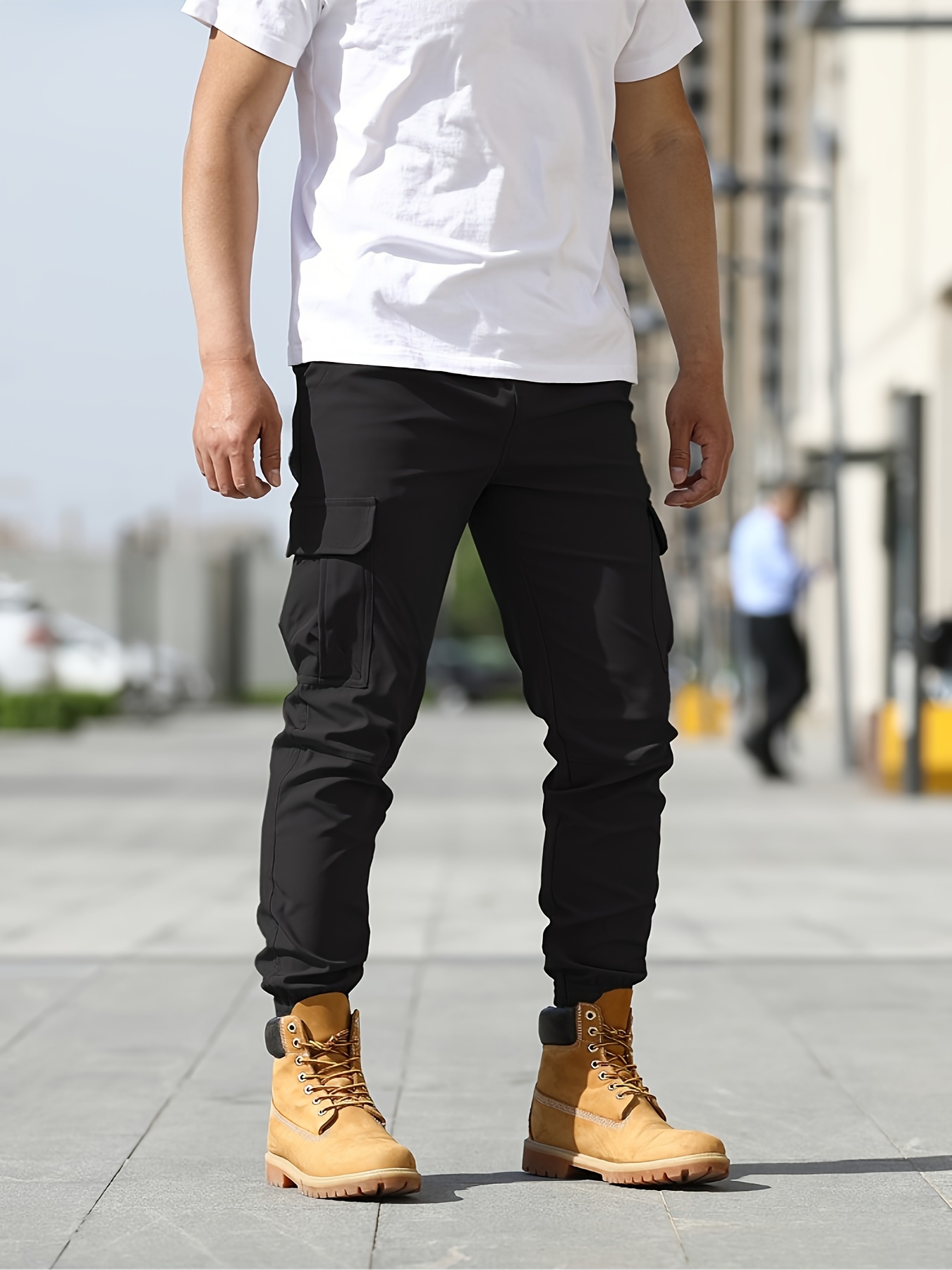 Black Cargo Slim Fit Pants, Men's Streetwear Pants