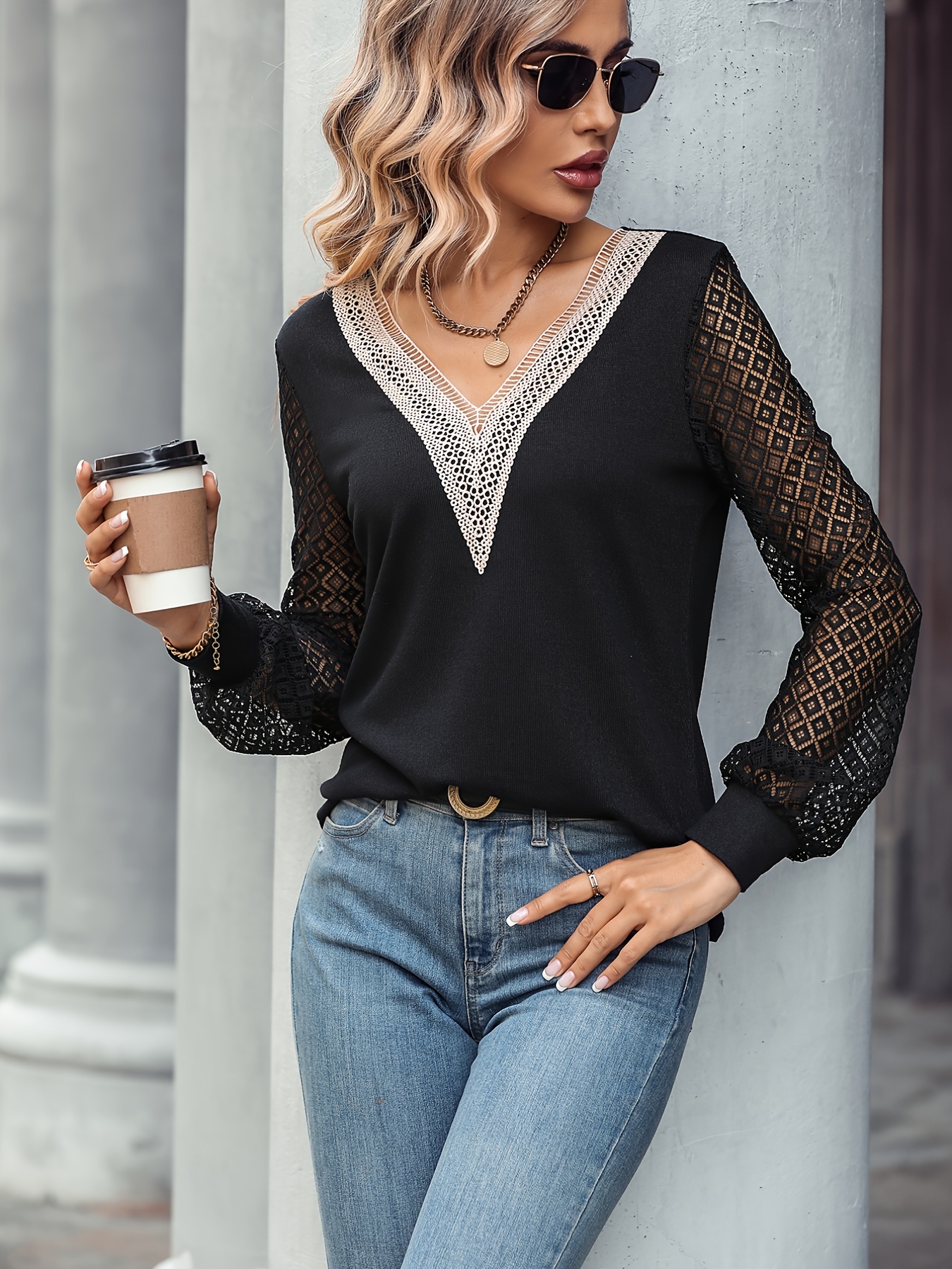 V Neck Hollow Lace Stitching Tops, Casual Long Sleeve Fashion Loose Fall  Winter Tops, Women's Clothing