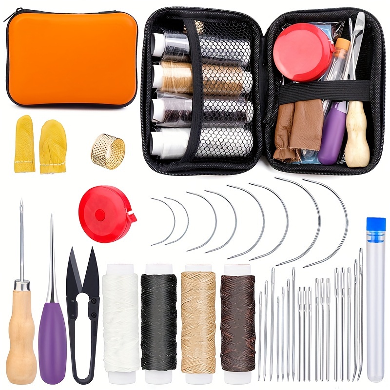 NAMOON 38pcs Upholstery Repair Kit Includes Sewing Thread and Needles, Awl, Thimble, Leather Sewing Needles Kit for Upholstery, Leather, Carpet Canvas