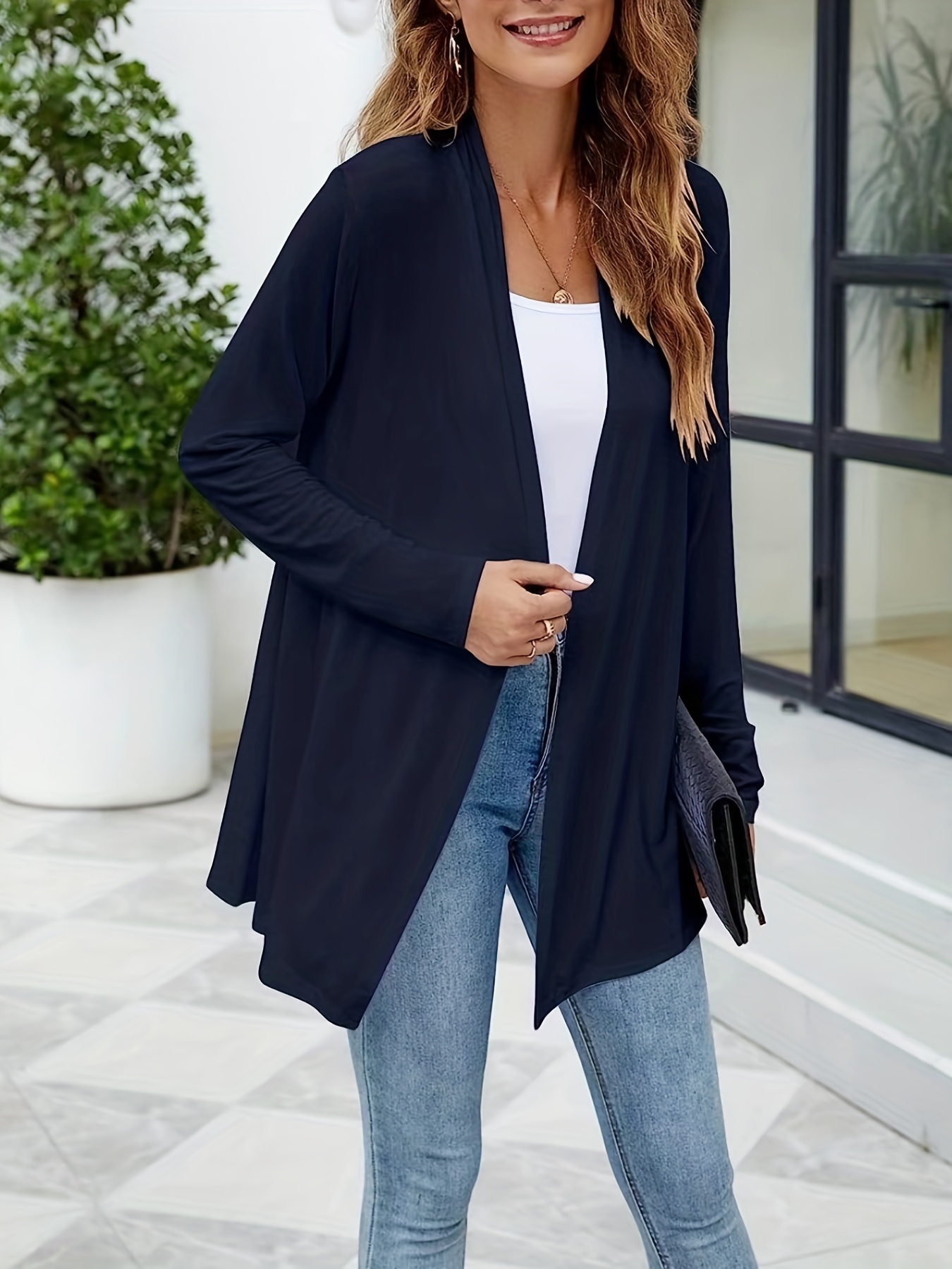 Women's navy clearance open front cardigan