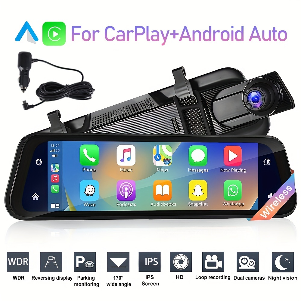 Mirror Dash Cam Wireless CarPlay & Android Auto, 9.66 IPS Full Touch  Screen Dash Cam, Rear