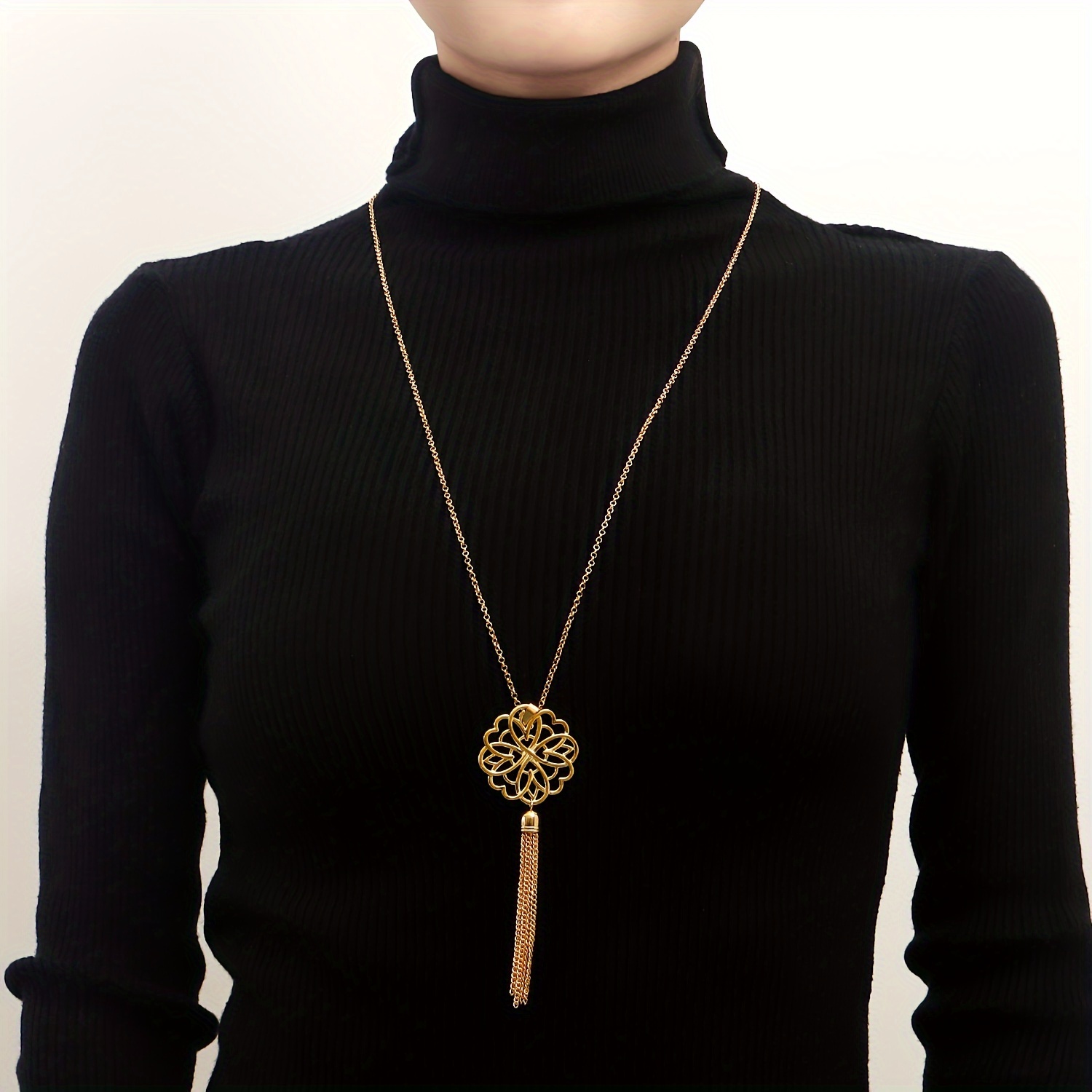 

1pc Minimalist Hollow Geometric Flower Shaped Long Tassel Necklace Vintage Style Sweater Chain Decor