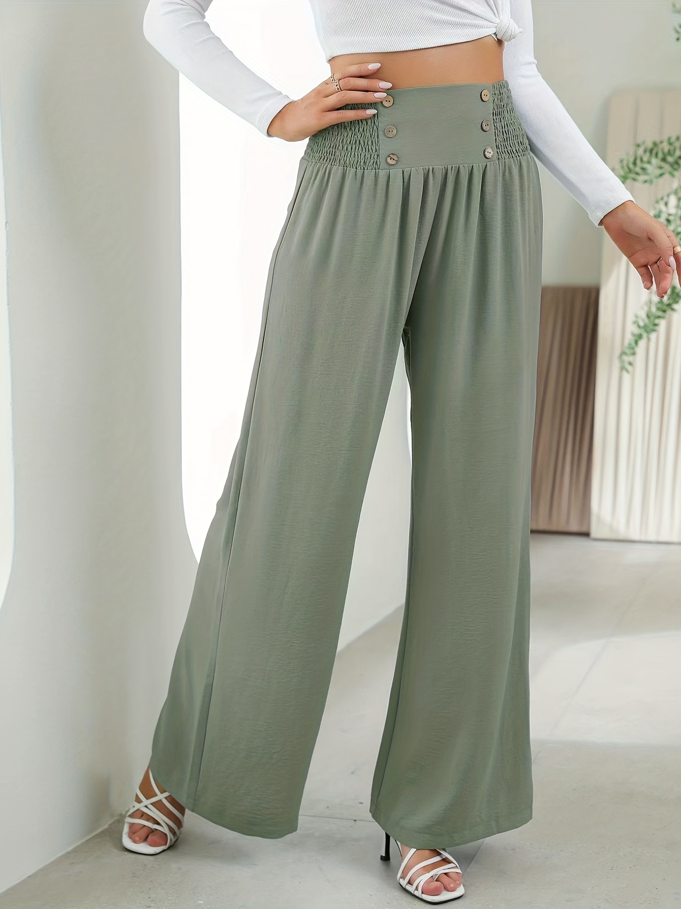 Shirred Waist Wide Leg Pants Casual Solid Long Length Pants - Temu New  Zealand
