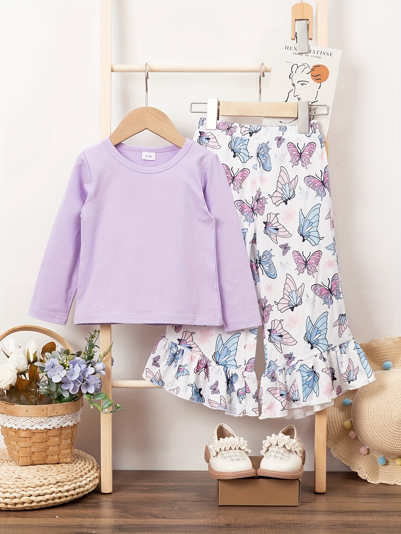 girls 2pcs long sleeve top wide leg pants set butterfly print casual outfits kids clothes for spring autumn