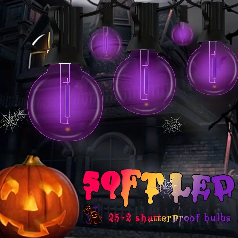 1 pack g40 led halloween purple string lights 50ft outdoor string lights waterproof ul listed hanging lights with 25 shatterproof bulbs extra 2 bulbs for backyard porch balcony halloween carnival decoration halloween decorations details 1
