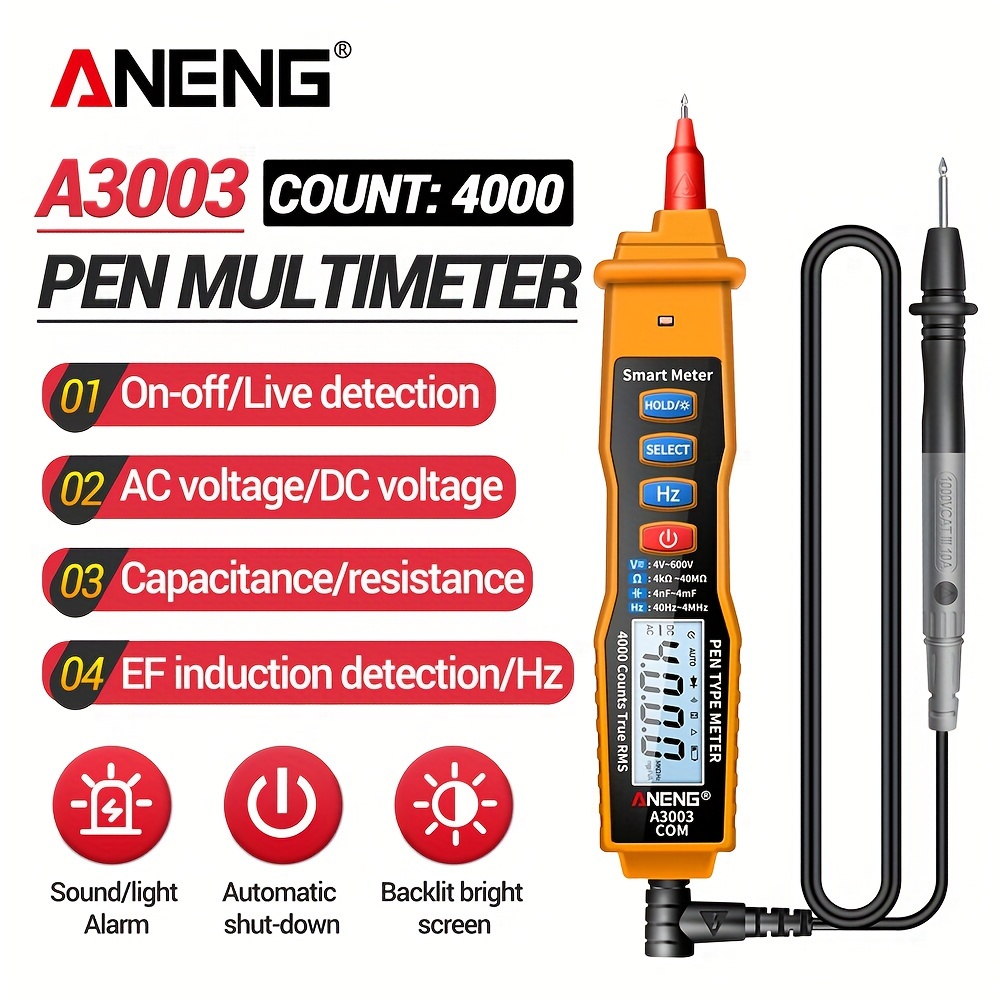 

A3003 Digital Multimeter Pen: 4000 Counts & Non-contact Ac/dc Voltage, Resistance, Capacitance & Hz Tester Tool