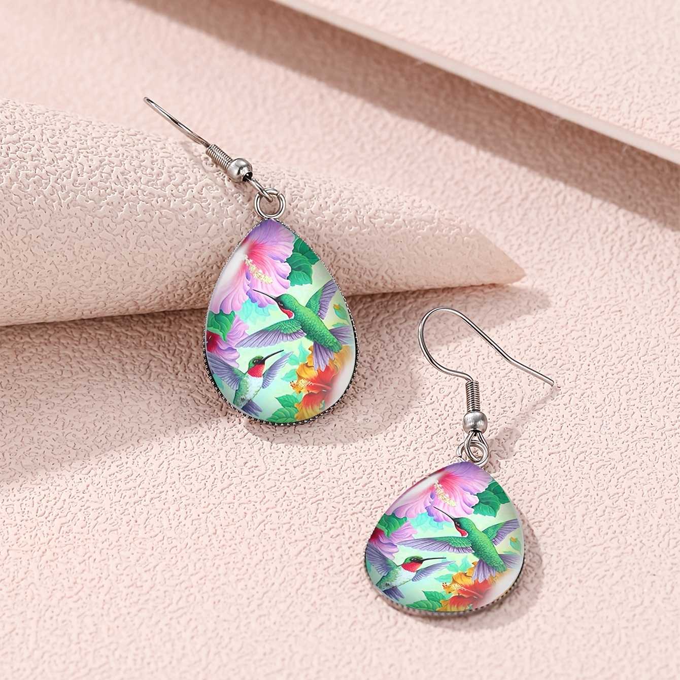 Elegant Sunflower & Hummingbird Teardrop Earrings