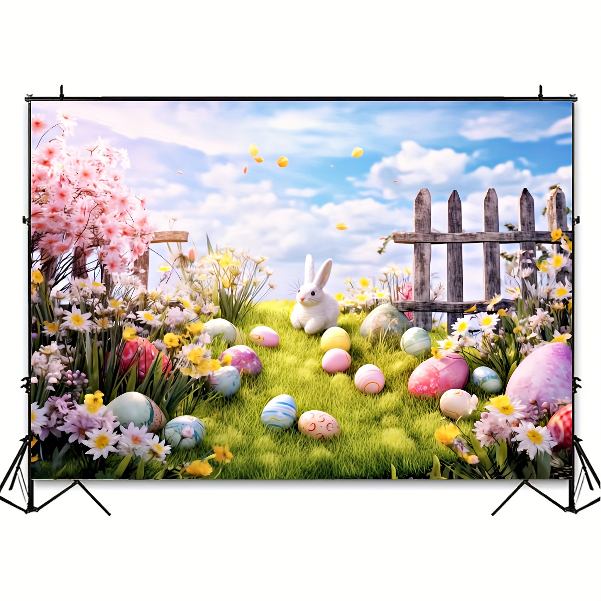 1pc spring easter polyester photography backdrop garden fence flower bunny colorful eggs party photo background tapestry green grass floral kids photo banner decorations kids photo booths studio props banner decorations