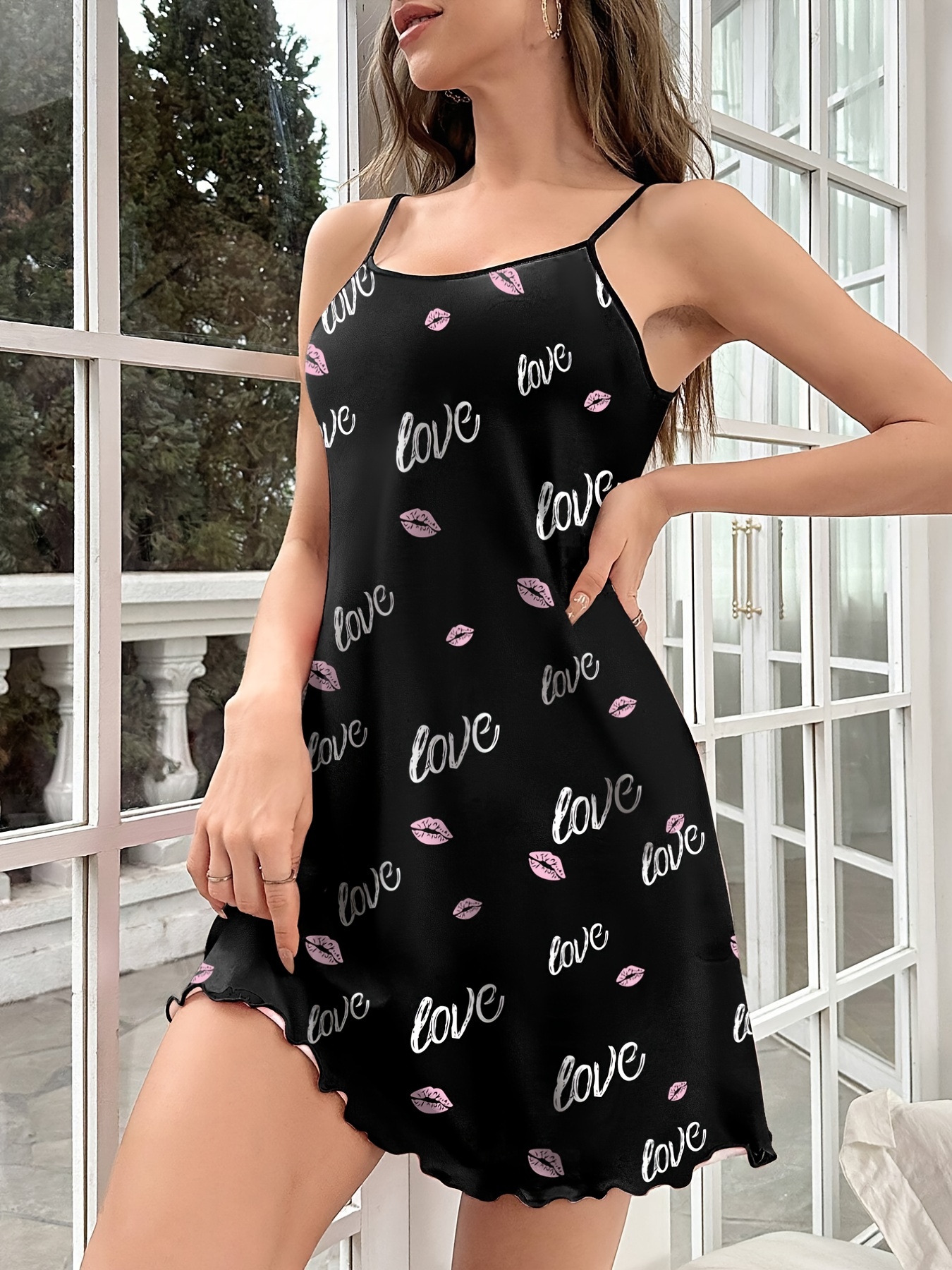 Lips & Letter Print Nightdress, Sexy Lettuce Trim Round Neck Slip Dress,  Women's Sleepwear & Dresses