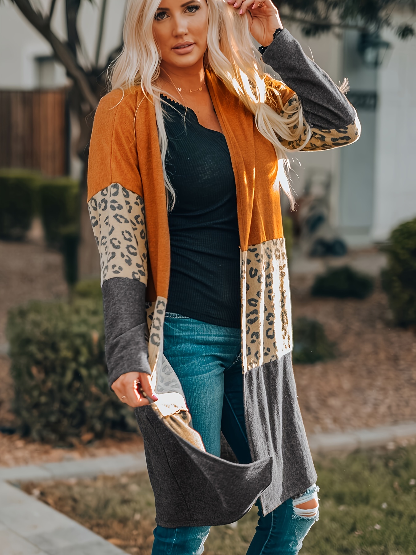 Leopard Color Block Open Front Cardigan Casual Long Sleeve Temu