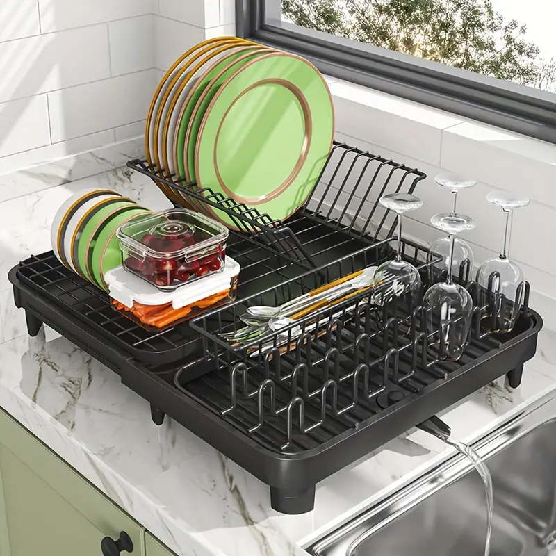 Dish Drying Rack, Space-saving Dish Drain Rack For Kitchen Counter, Durable  Metal Kitchen Drying Rack With Cutlery Holder, Dishes, Knives, Spoons, And  Forks Organizer, Kitchen Accessories, Black - Temu