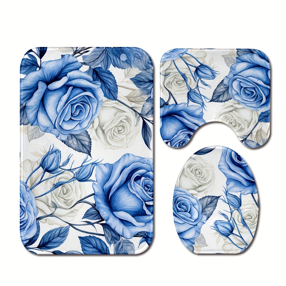 

3pcs/set Blue Rose Printed Floor Mat, Three-piece Bathroom Mat Set, Non-slip Mat, Water-absorbent Mat, Toilet Lid Mat, Toilet U-shaped Mat, Floor Rugs