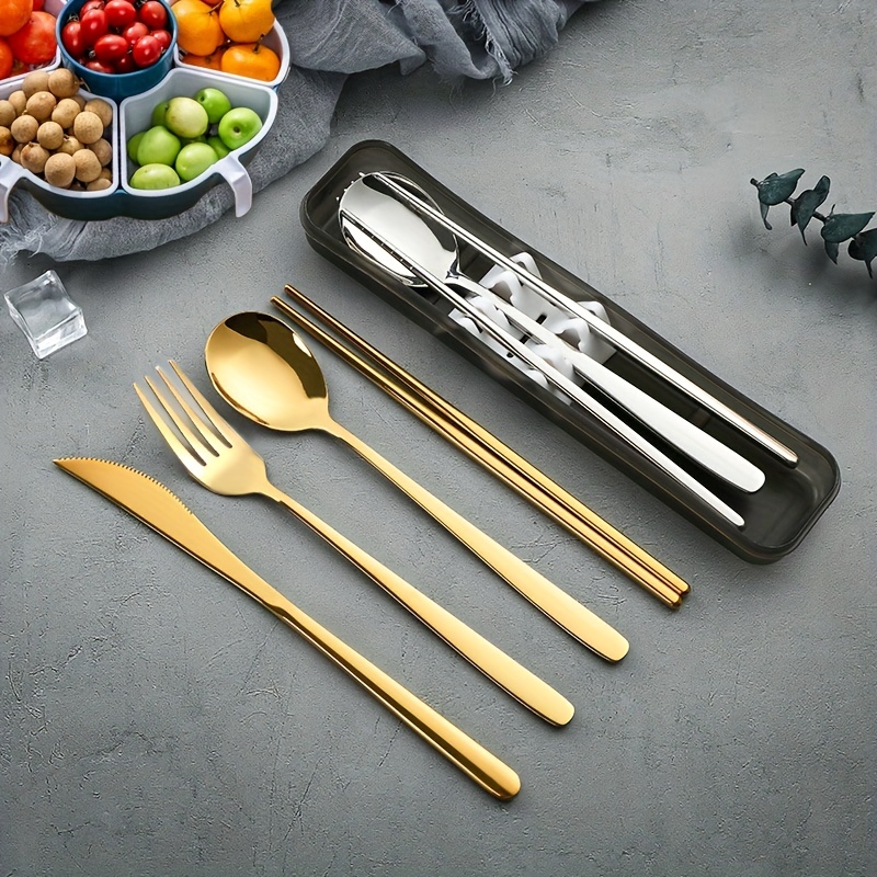 

4pcs, Cutlery Set, Stainless Steel Tableware, Knife, Fork And Spoon, Chopsticks With Portable Box, Portable Travel Tableware Set, Dinnerware Silverware Cutlery Flatware Set