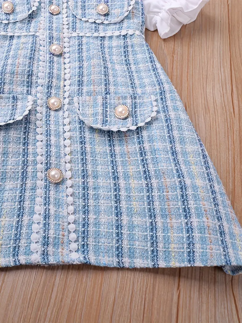 girls elegant pearl button plaid patchwork princess dress for party beach vacation kids summer clothes details 4