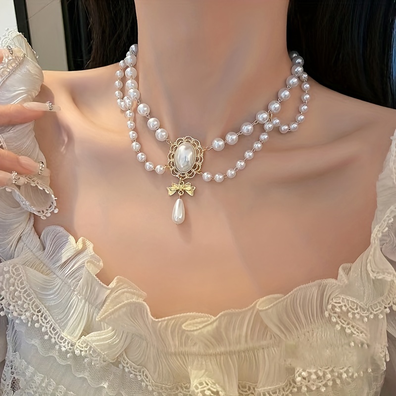 

Vintage Baroque Style Faux Pearl Tassel Necklace For Women Dinner Party Dance Ball Wedding Decor Accessories, Short Choker Collarbone Chain