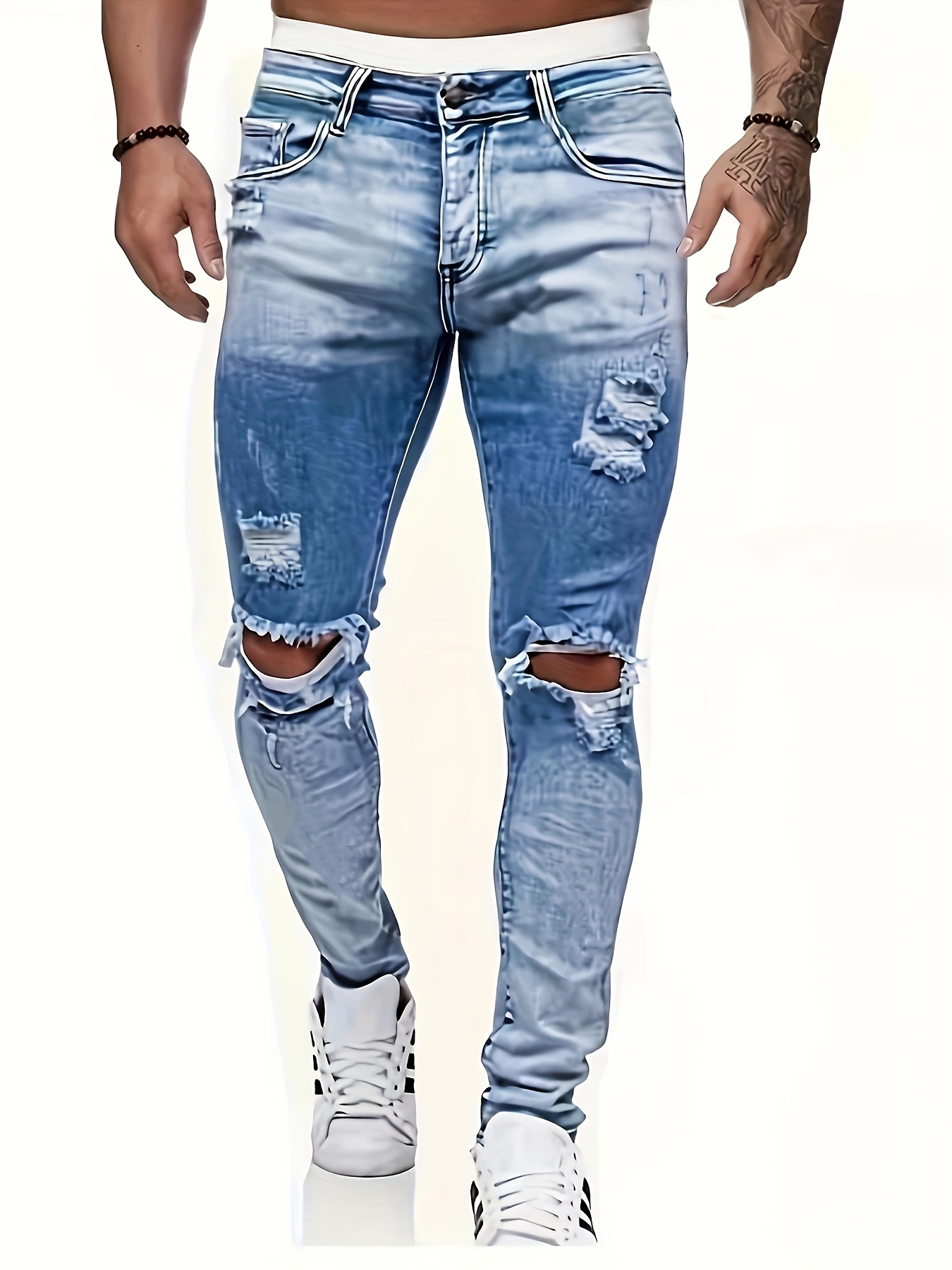 Men's Skinny Stretch Slim Fit Ripped Distressed Jeans - Temu