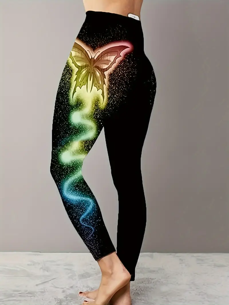 Plus Size Casual Leggings, Women's Plus Glitter Butterfly Print Elastic  Slight Stretch Leggings