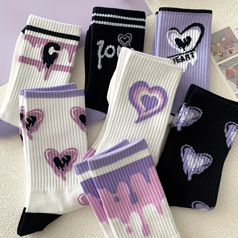 

7pairs Mixed Color Long Tube Cartoon Sports Socks For Women, Cute Cartoon Pattern Breathable Stockings