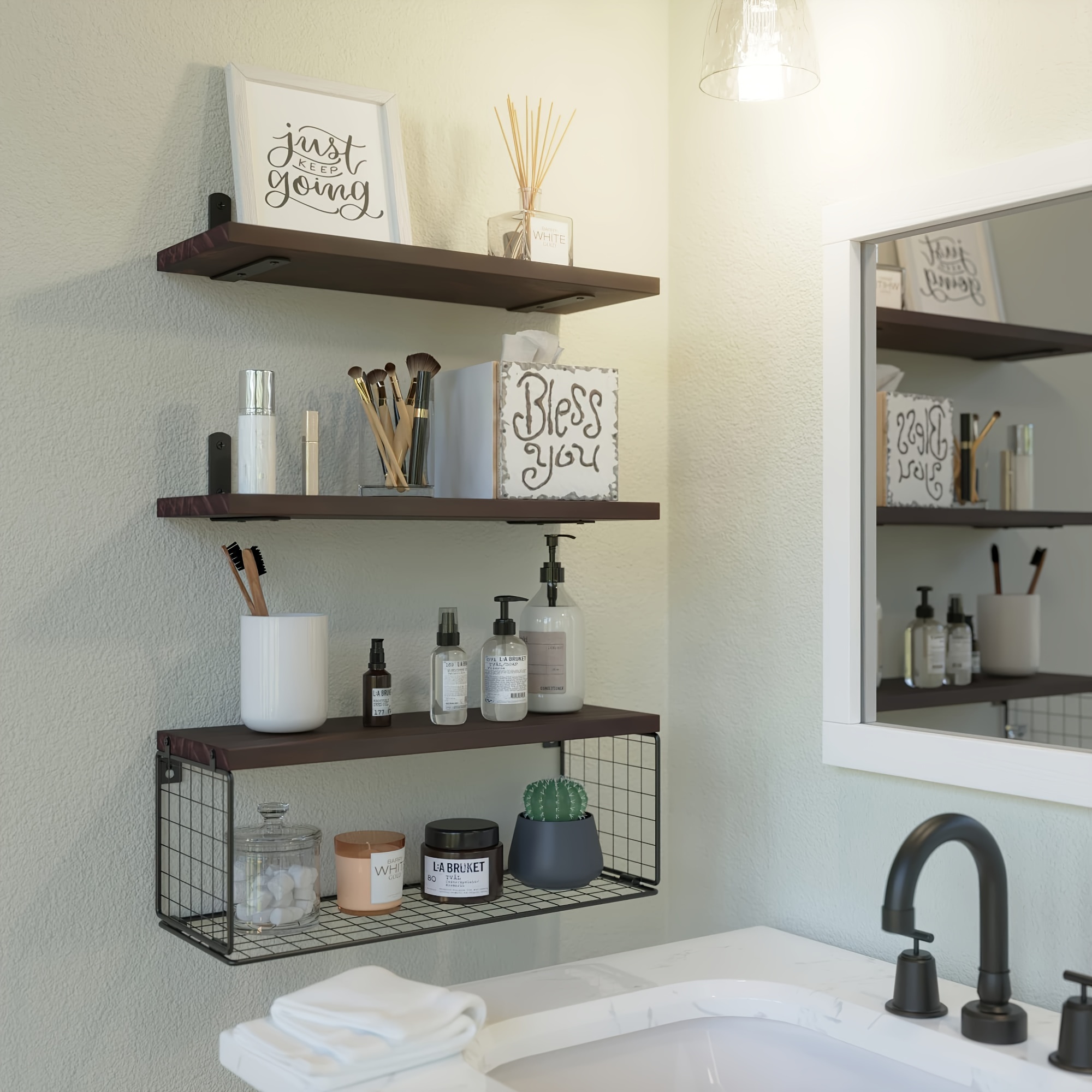 Toilet Wall-mounted Storage Rack With A Metal Wire Basket Wooden