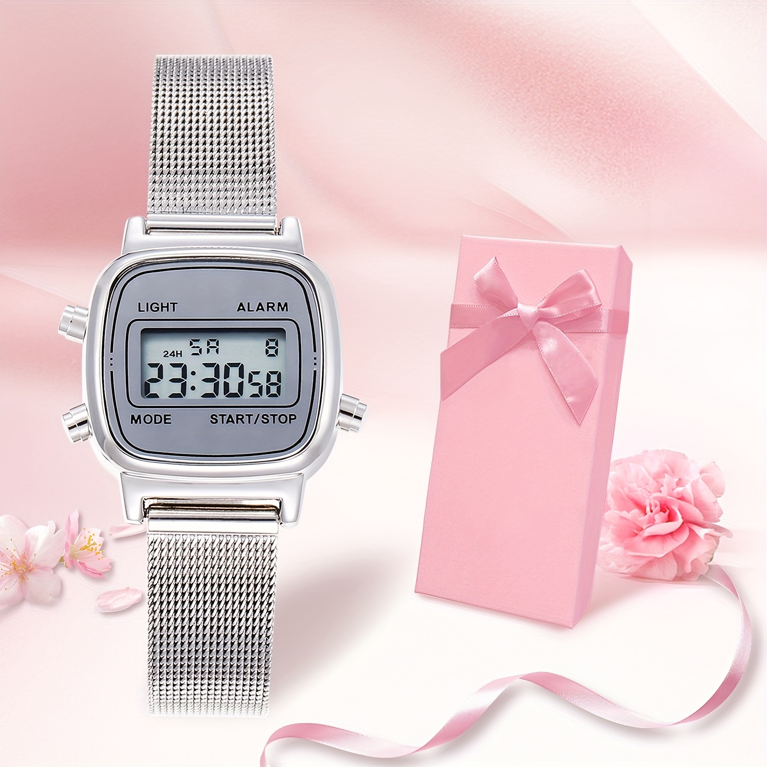 Montre numérique, pour femme et enfant, multifonctionnelle, en silicone,  avec alarme lumineuse, chronomètre, or rose, Blanc. : : Mode