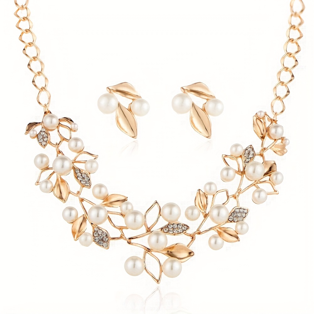 

Exquisite Sparkling Faux Pearl Collar Chain Branch Leaf Necklace & Earrings Set For Daily Party Wedding