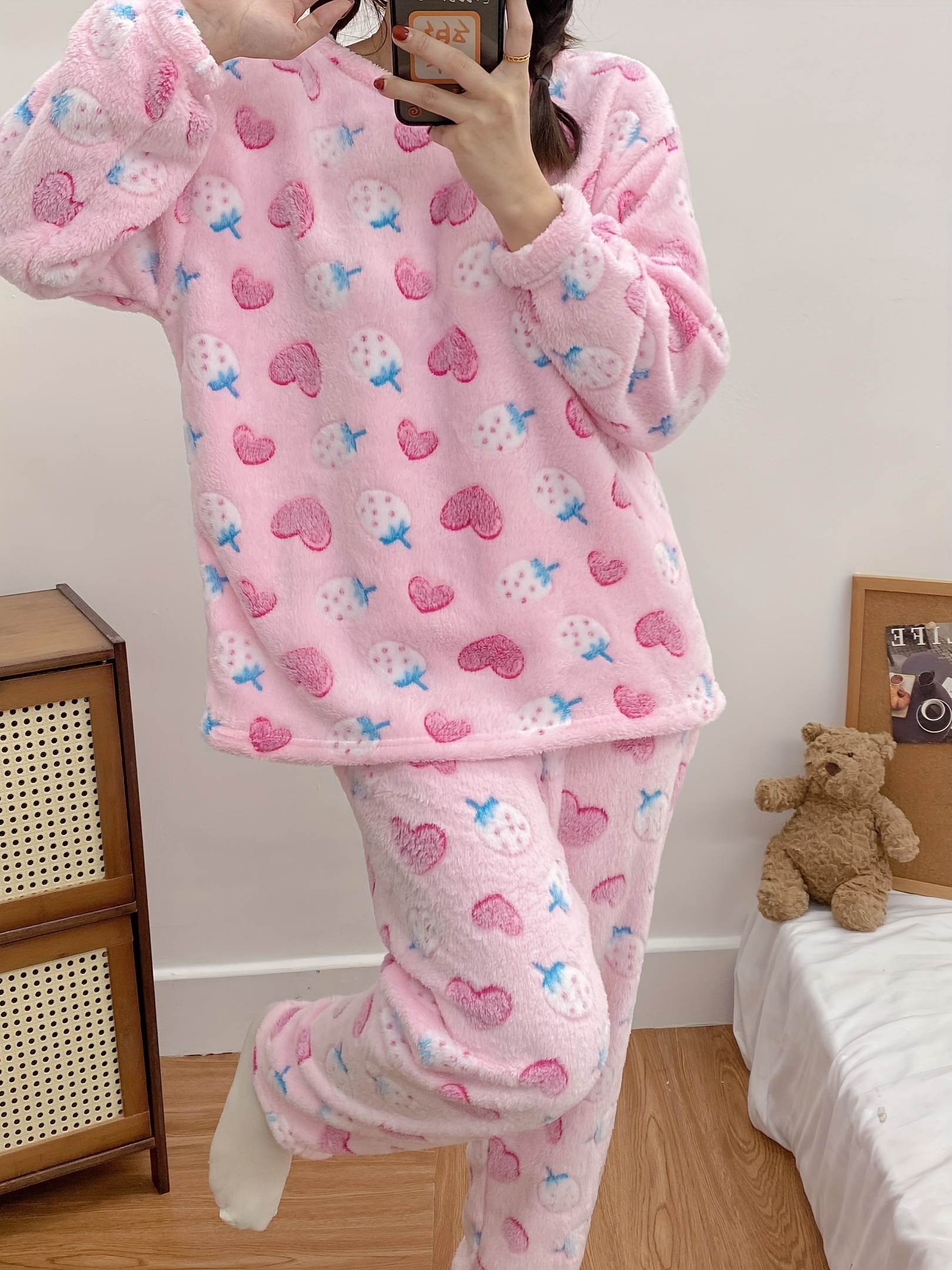 Strawberry Bear Printing Japanese Style Plaid Pajama Set