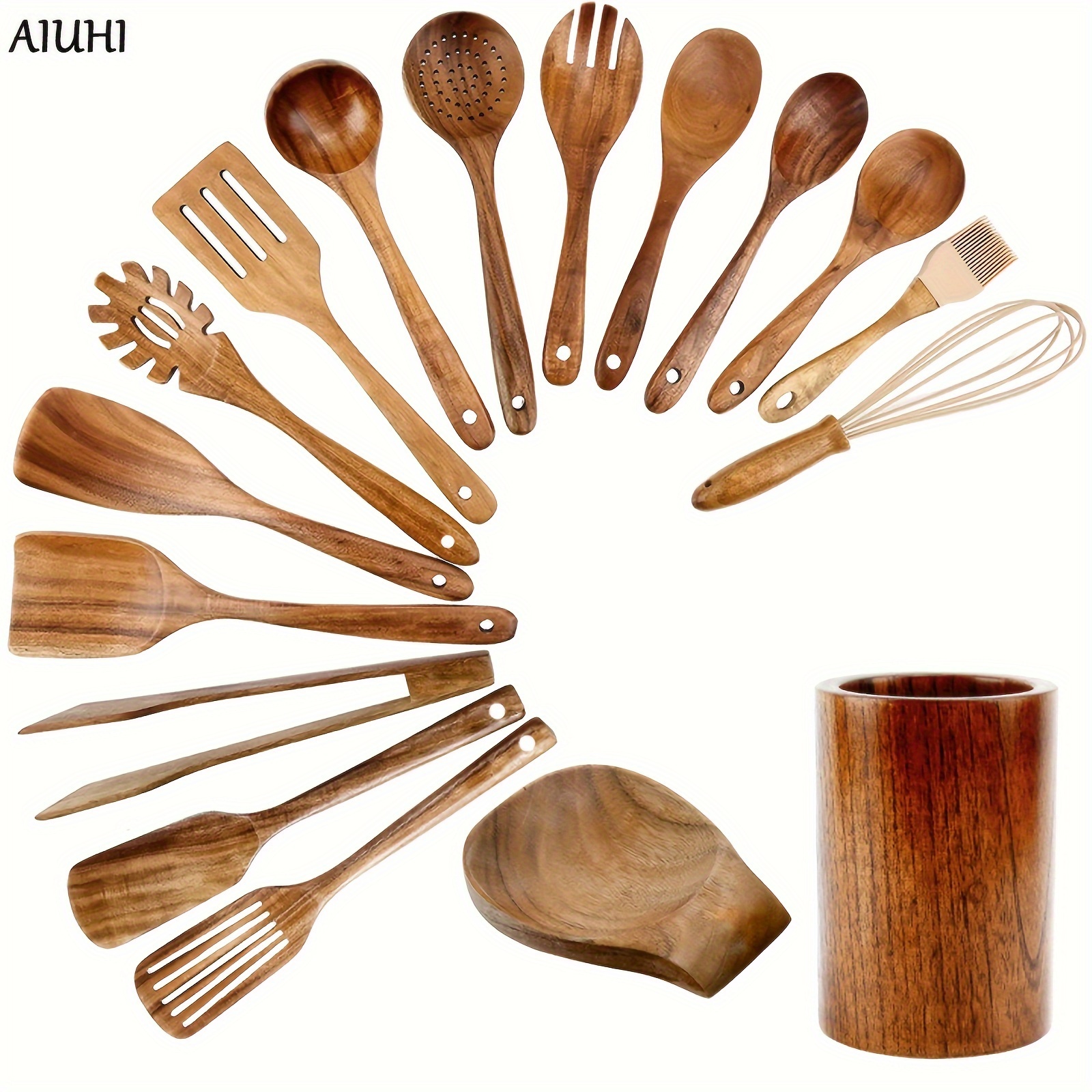 Bamboo Kitchen Utensils Set 8-Pack - Wooden Cooking Utensils for Nonstick  Cookware - Wooden Cooking Spoons, Spatulas, Turner, Tongs, Utensil Holder