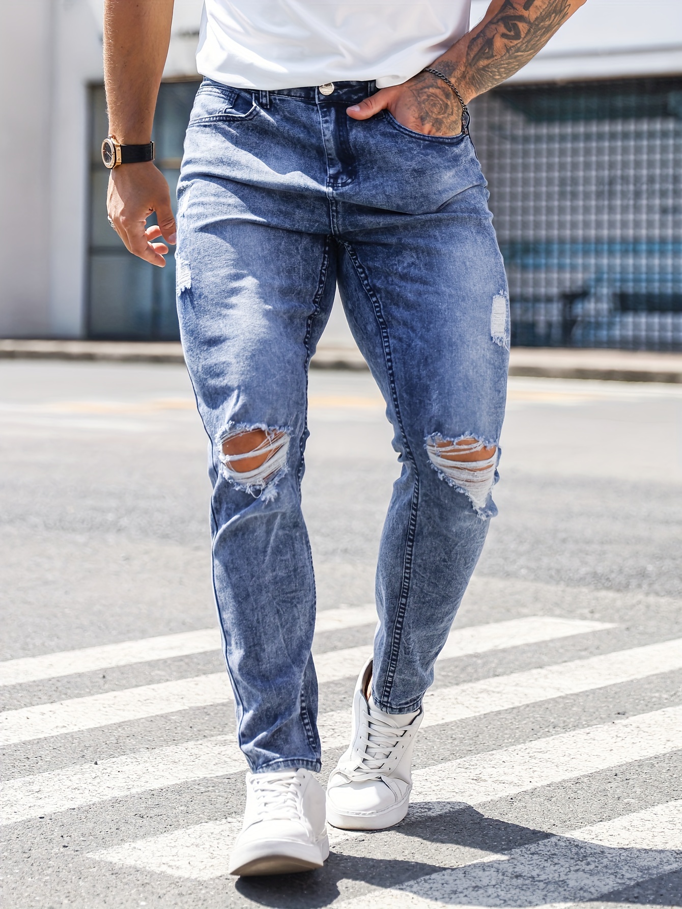 Slim Fit Jeans Men's Casual Street Style Medium Stretch - Temu