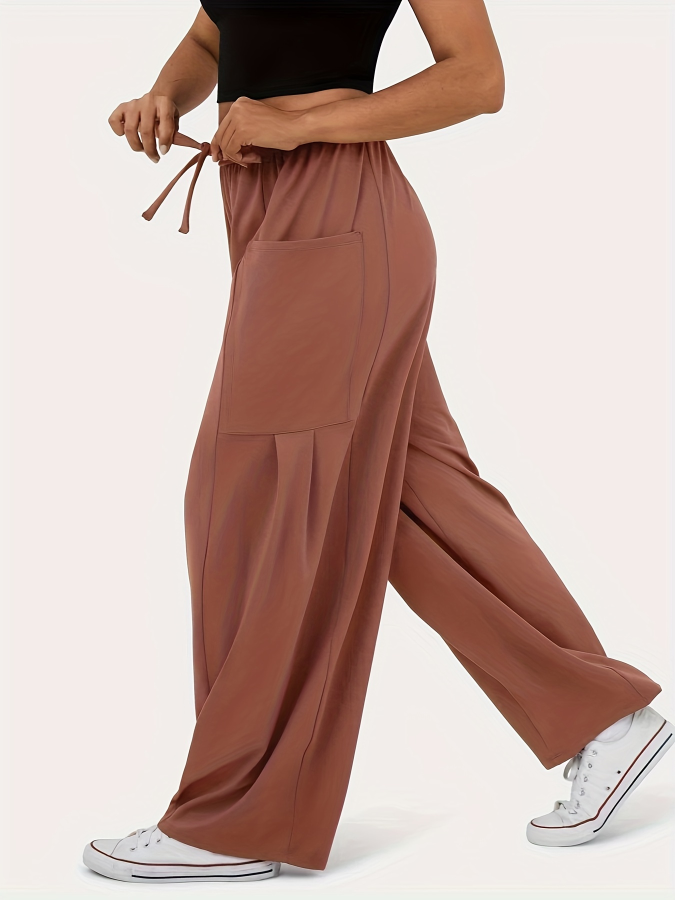Plus Size Casual Pants Women's Plus Solid Elastic Drawstring - Temu Canada