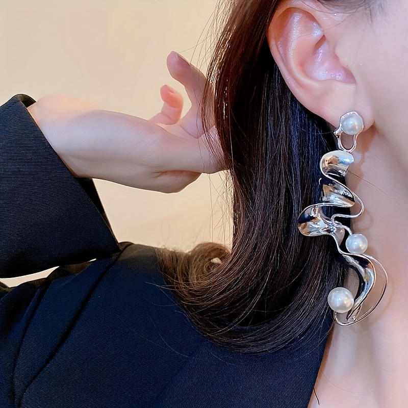 Irregular Twist Faux Pearl Decor Dangle Earrings Luxury Gothic Style Copper  Jewelry Creative Gift For Women Girls