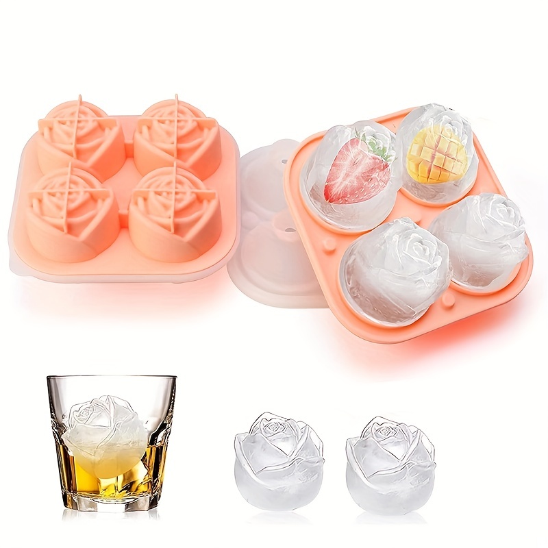 ice cube tray 2 5 inch rose ice molds with covers 4 cavity silicone rose ice ball maker easy release and bpa free 3d large ice cube trays for cocktails juice coffee beer beverages whiskey bourbon freezer pink 0