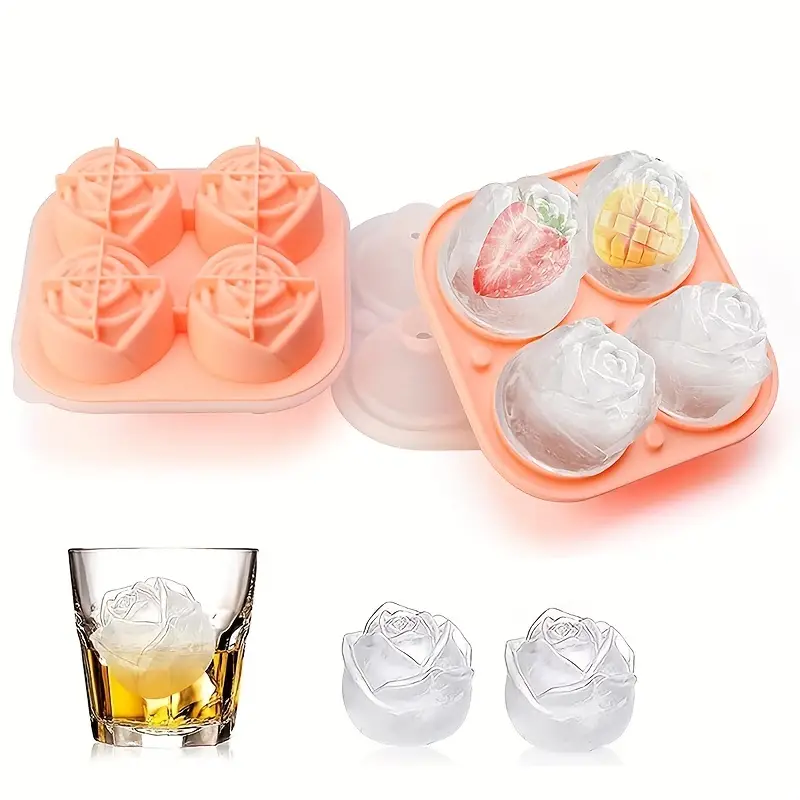 ice cube tray 2 5 inch rose ice molds with covers 4 cavity silicone rose ice ball maker easy release and bpa free 3d large ice cube trays for cocktails juice coffee beer beverages whiskey bourbon freezer pink 0