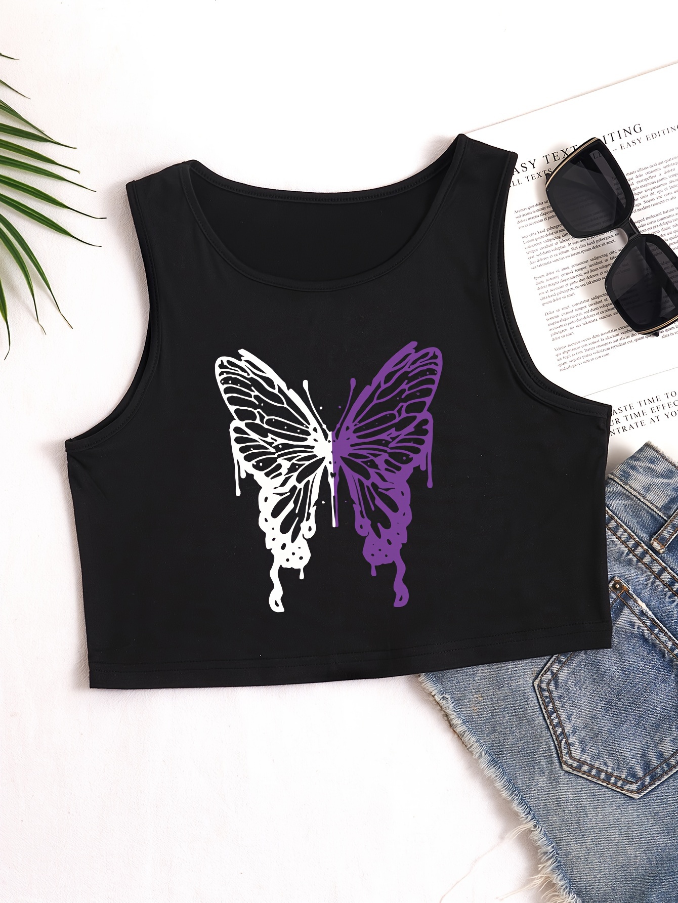 Bellella Ladies T Shirts Square Neck Summer Crop Top Butterfly Printed  Cropped Tank Tops Athletic Sleeveless Pullover Yoga Blouse Black XL 